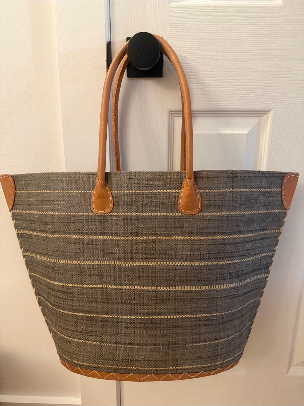 Gray Shebobo Woven Tote with Tan Leather Handles